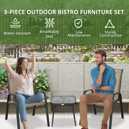 Outsunny 3PCs Bistro Set w/ Breathable Mesh Fabric & PSC Board Top Table, Brown