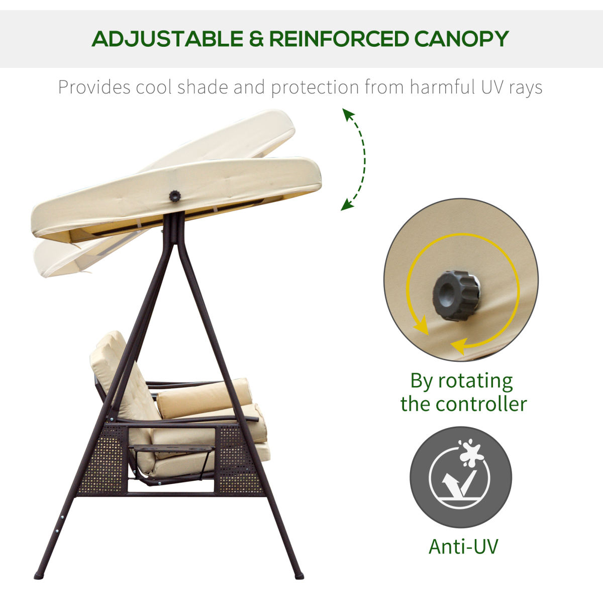 Steel Swing Chair Hammock Garden 3 Seater Canopy Cushion Shelter Beige
