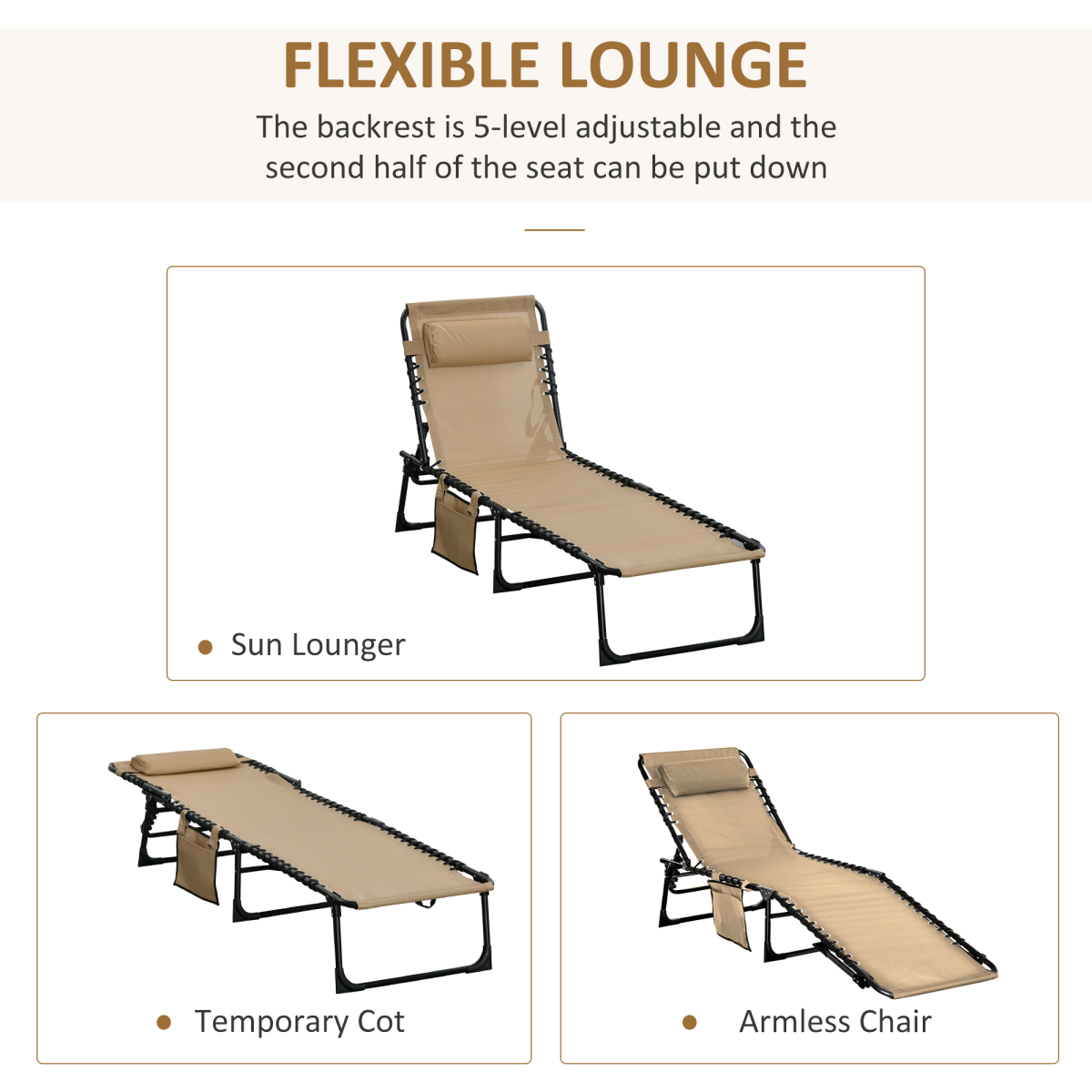 Portable Sun Lounger, Adjustable Backrest PillowBeige
