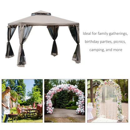 Outsunny Outdoor Gazebo, 2-tier Roof W/Netting, 295L x 295W x 263Hcm-Taupe