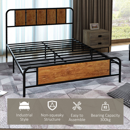 Double Bed Frame Steel Bed Base with Headboard 145 x 199cm Brown