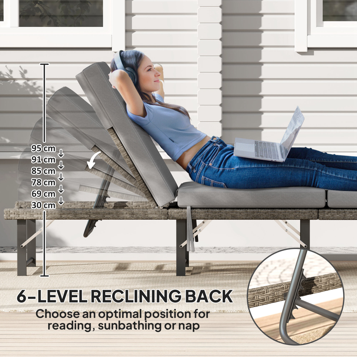 Outsunny Folding Rattan Sun Lounger with Adjustable Back, Cushion, Grey