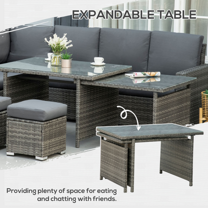 Outsunny 10-Seater Sofa Sectional W/ Cushioned Seat, Footstools and Glass Table