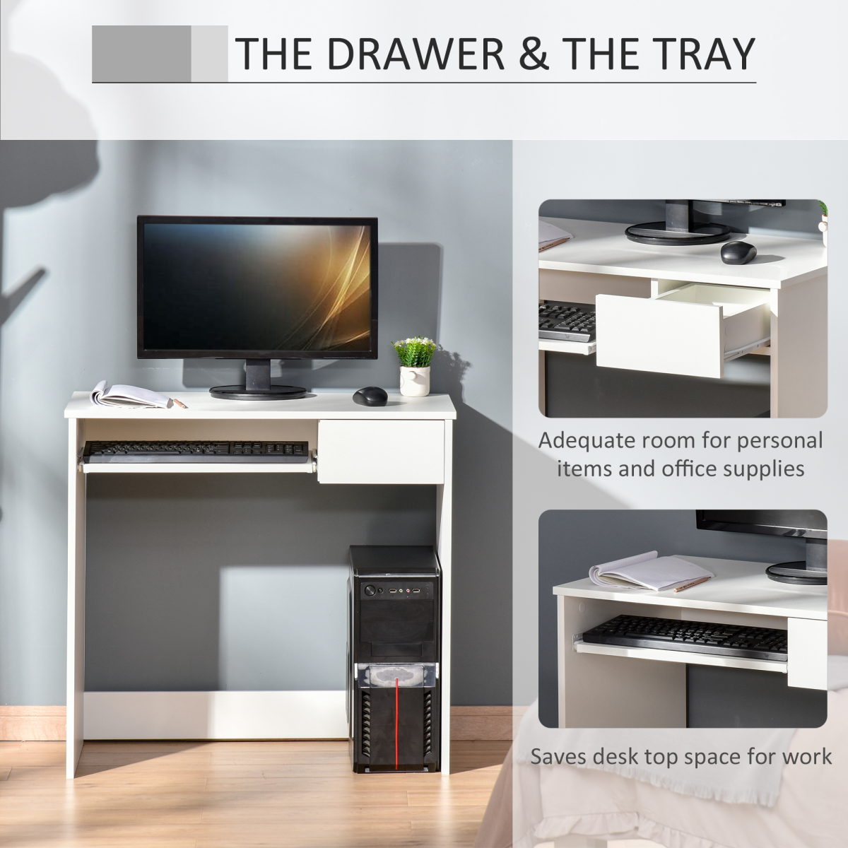 Compact Computer Table with Keyboard Tray Drawer White
