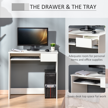 Compact Computer Table with Keyboard Tray Drawer White