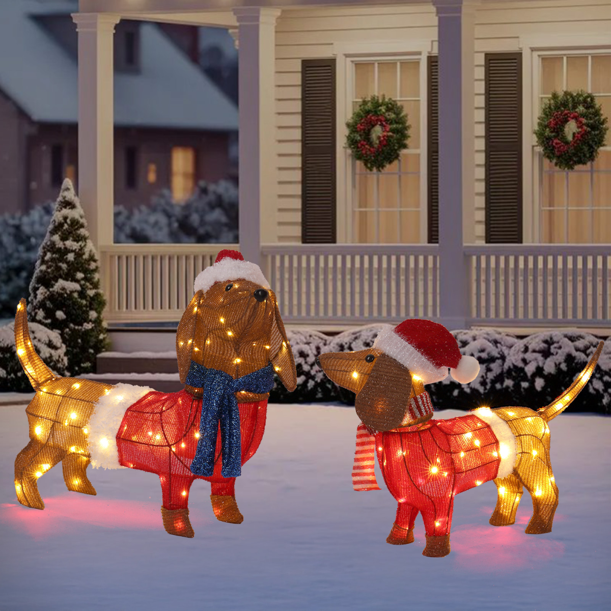 Set of 2 Lighted Dachshund Dog Christmas Decorations, Pre-lit Holiday Decor with 115 Warm White LED Lights for Xmas Outdoor Indoor Decor Lighted Holiday Displays, Brown