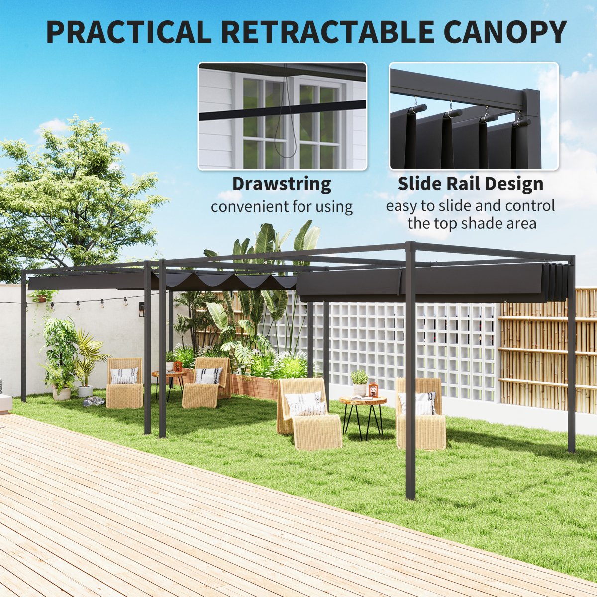 Outsunny 4x3(m) Metal Pergola Gazebo Patio Sunshelter Retractable Canopy Black