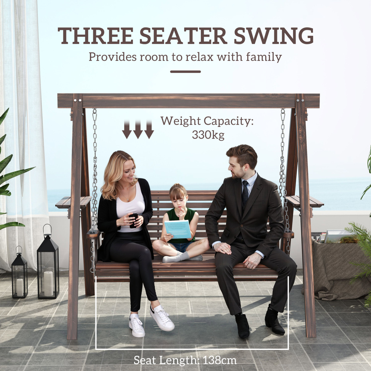 Outsunny 3 Seater Wooden Garden Swing Chair with Side Tables