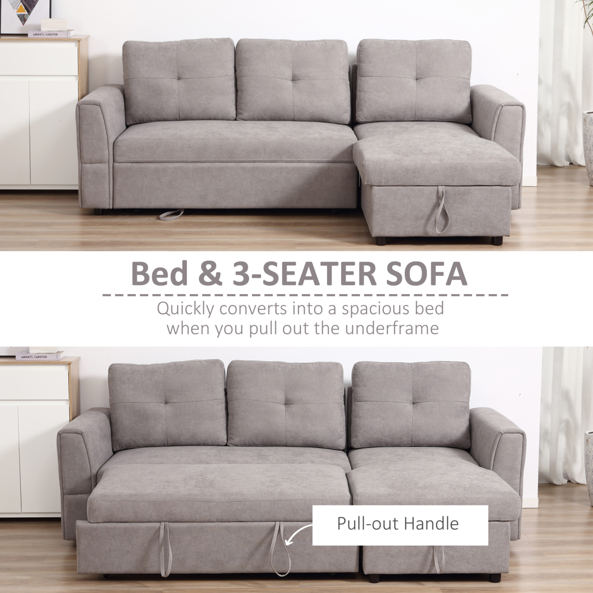HOMCOM Linen-Look L-Shaped Sofa Bed w/ Storage Bed Sleeper Flat Studio Grey