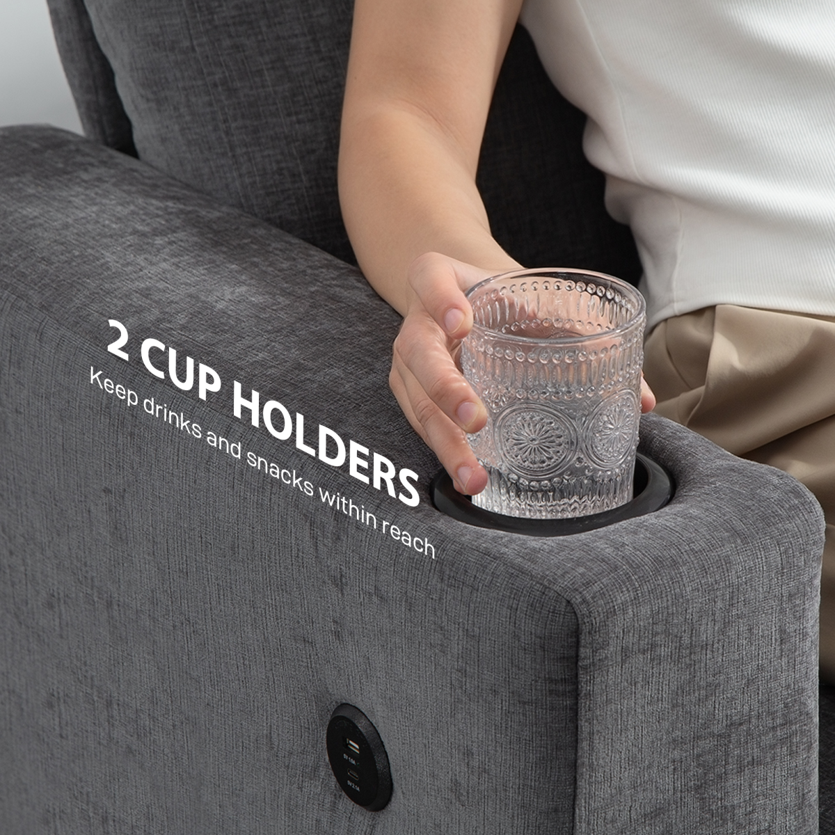 HOMCOM 3 Seater Sofa, Fabric Sofa with USB Ports and Cup Holders, Grey