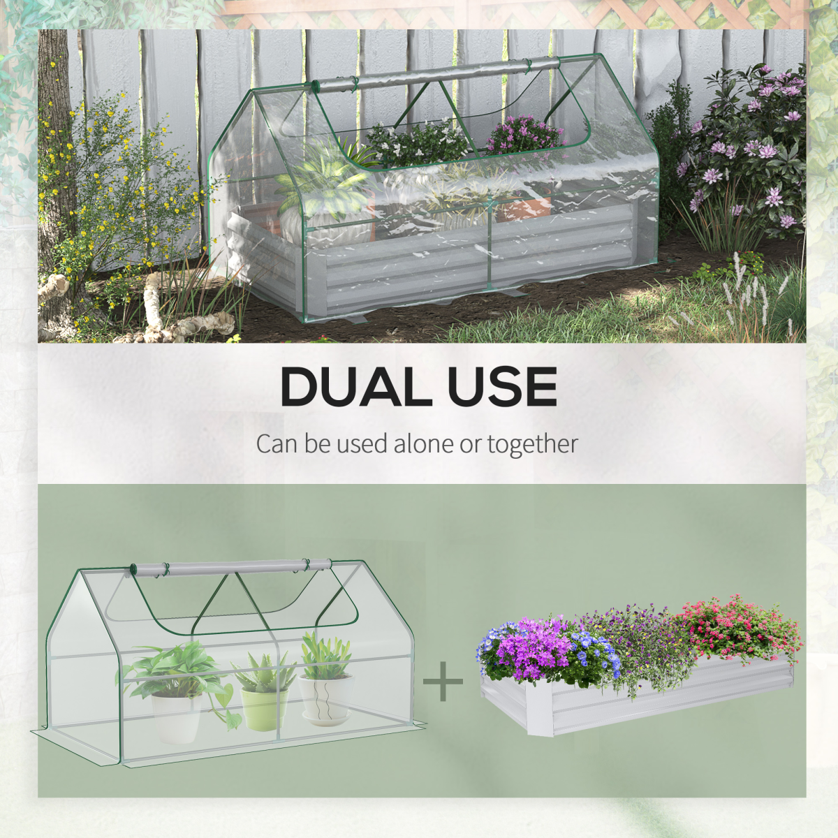 Steel Raised Garden Bed Planter Box Kit with Greenhouse, for Dual Use, Clear