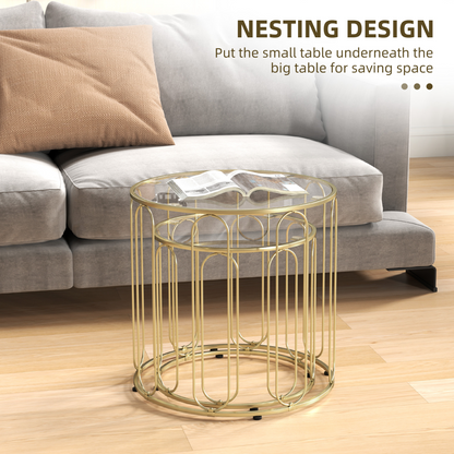 HOMCOM Coffee Table Set of 2, Nest of Tables with Metal Frame, Gold Tone