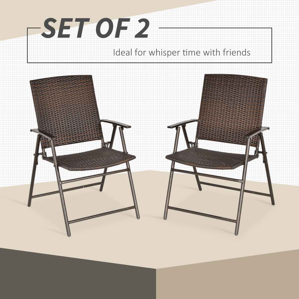 Outsunny 2pcs Rattan Chair Foldable Garden Furniture w/ Armrest Steel Frame