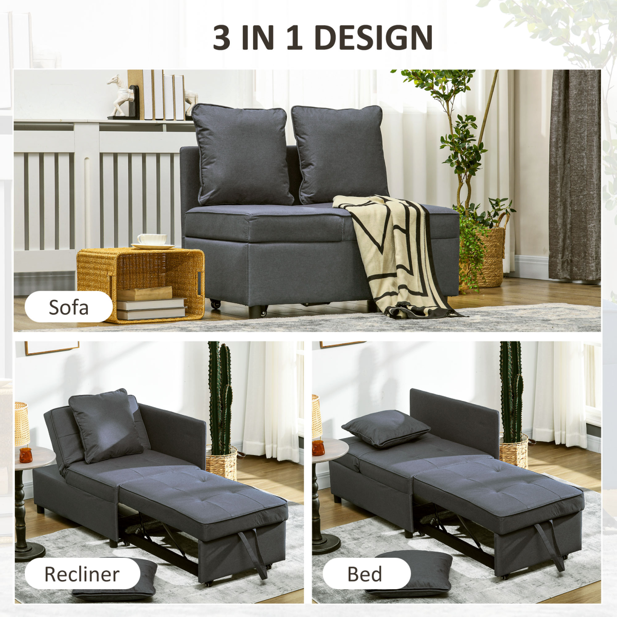 HOMCOM Folding Sleeper Sofa Bed Chair with Pillows, Pocket, Grey