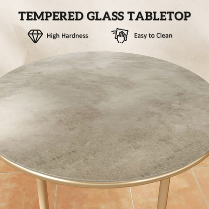 Outsunny Round Small Garden Table with Faux Marble Glass Top, Beige