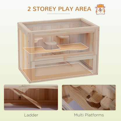 Wooden Hamster Cage Mice Rodents Hutch Small Animals 2 Levels 60x35x42cm