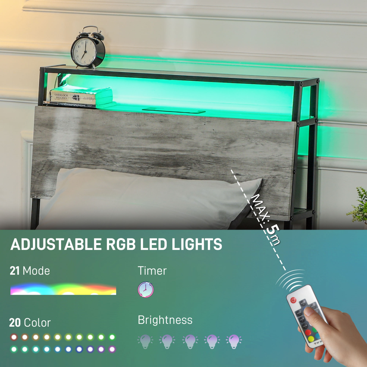 HOMCOM LED Single Bed Frame with Charging Station, 90 x 190cm, Cement Grey