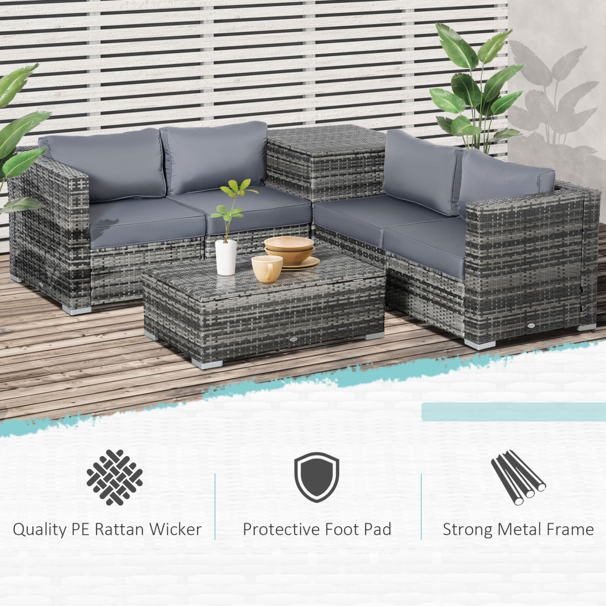6PC Rattan Corner Sofa Set Table  w/ Cushion Grey