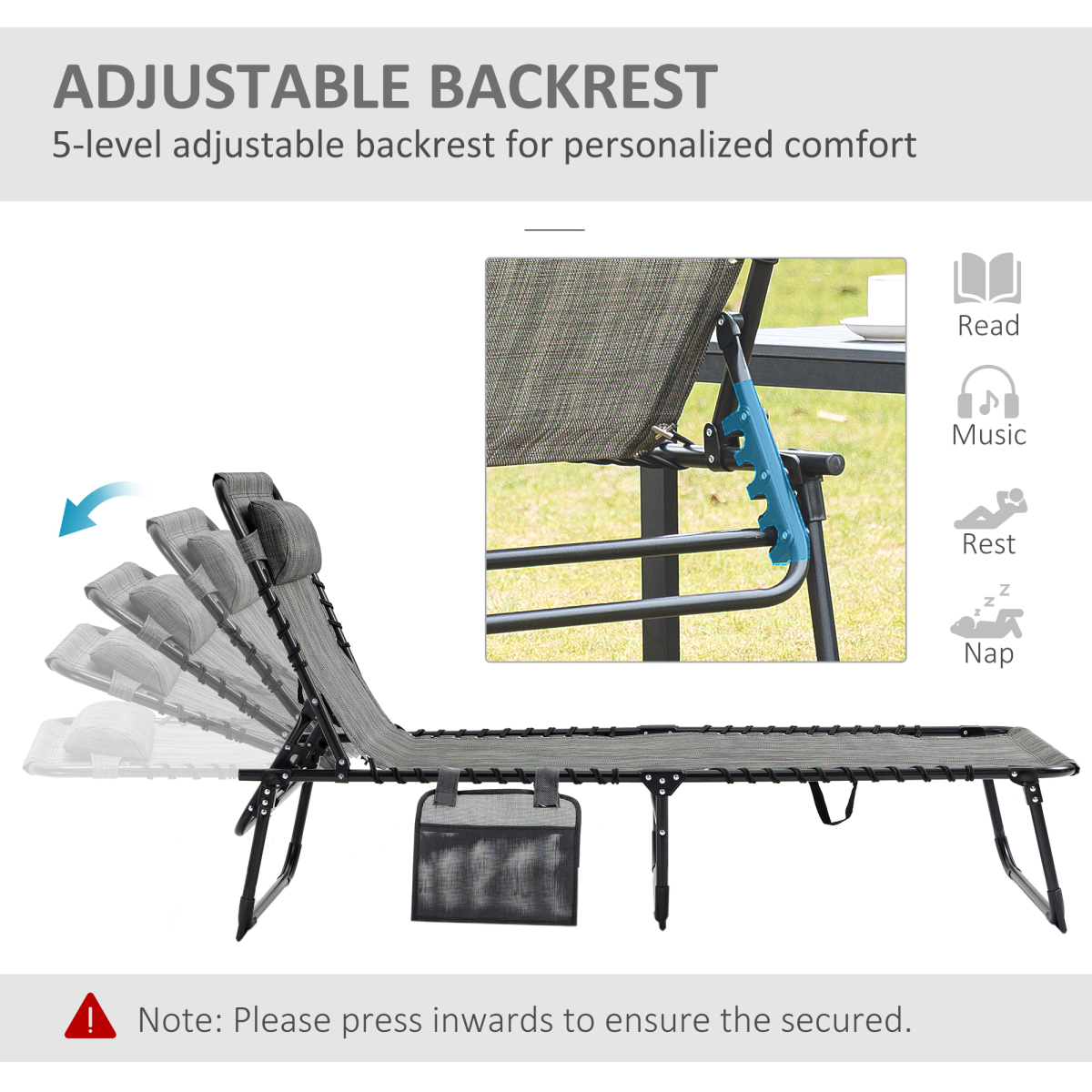Portable Sun Lounger, Folding Camping  Adjustable , Pillow Grey