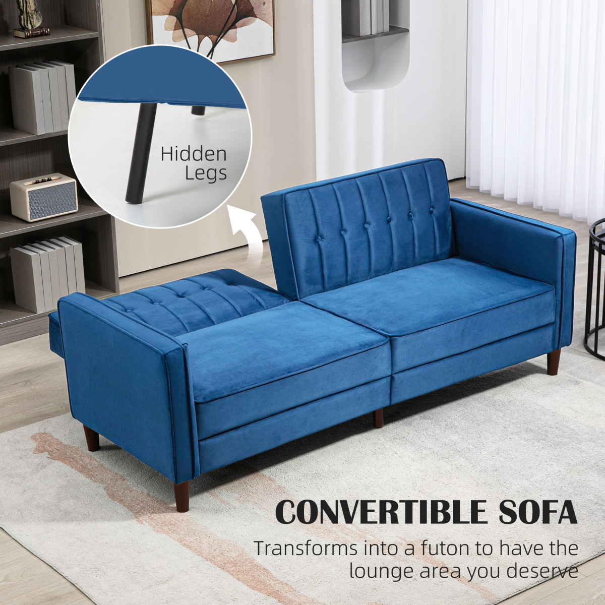 HOMCOM Convertible Sofa Futon Velvet-Touch Tufted Couch Sofa Bed Split Back Blue