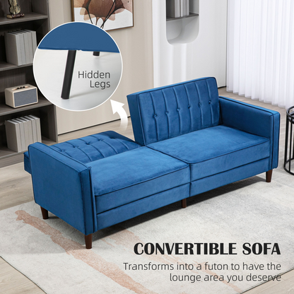 HOMCOM Convertible Sofa Futon Velvet-Touch Tufted Couch Sofa Bed Split Back Blue