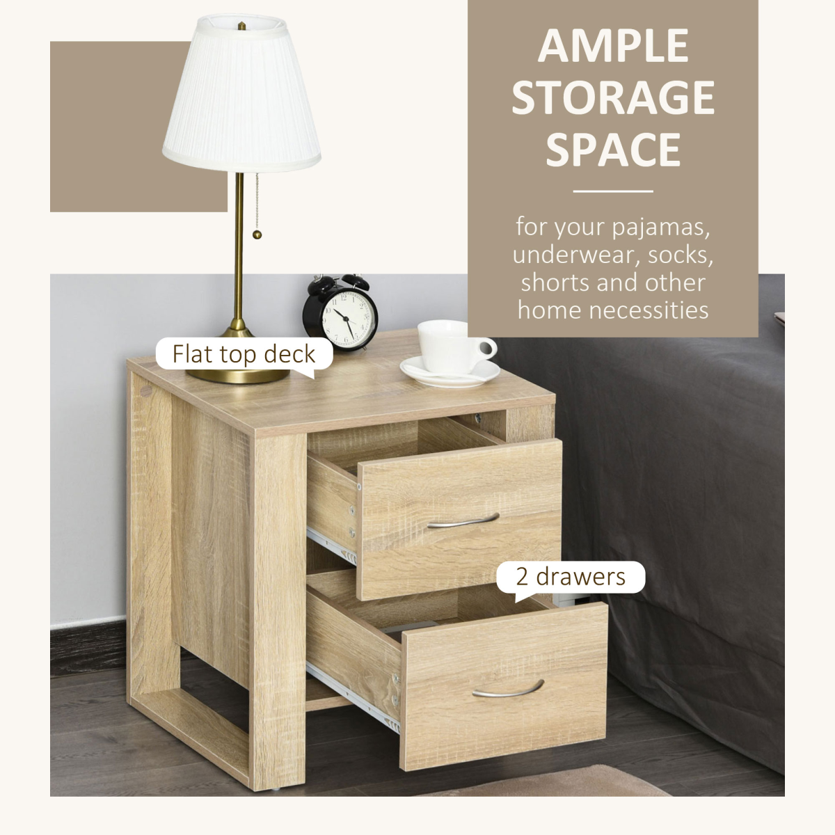 Particle Board 2-Drawer Bedside Table Natural