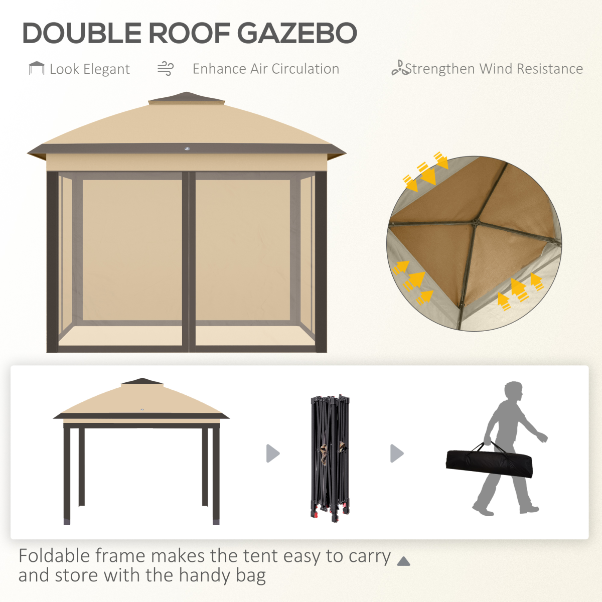 Pop Up Gazebo Height Adjustable Canopy Tent w/ Carrying Bag, Beige