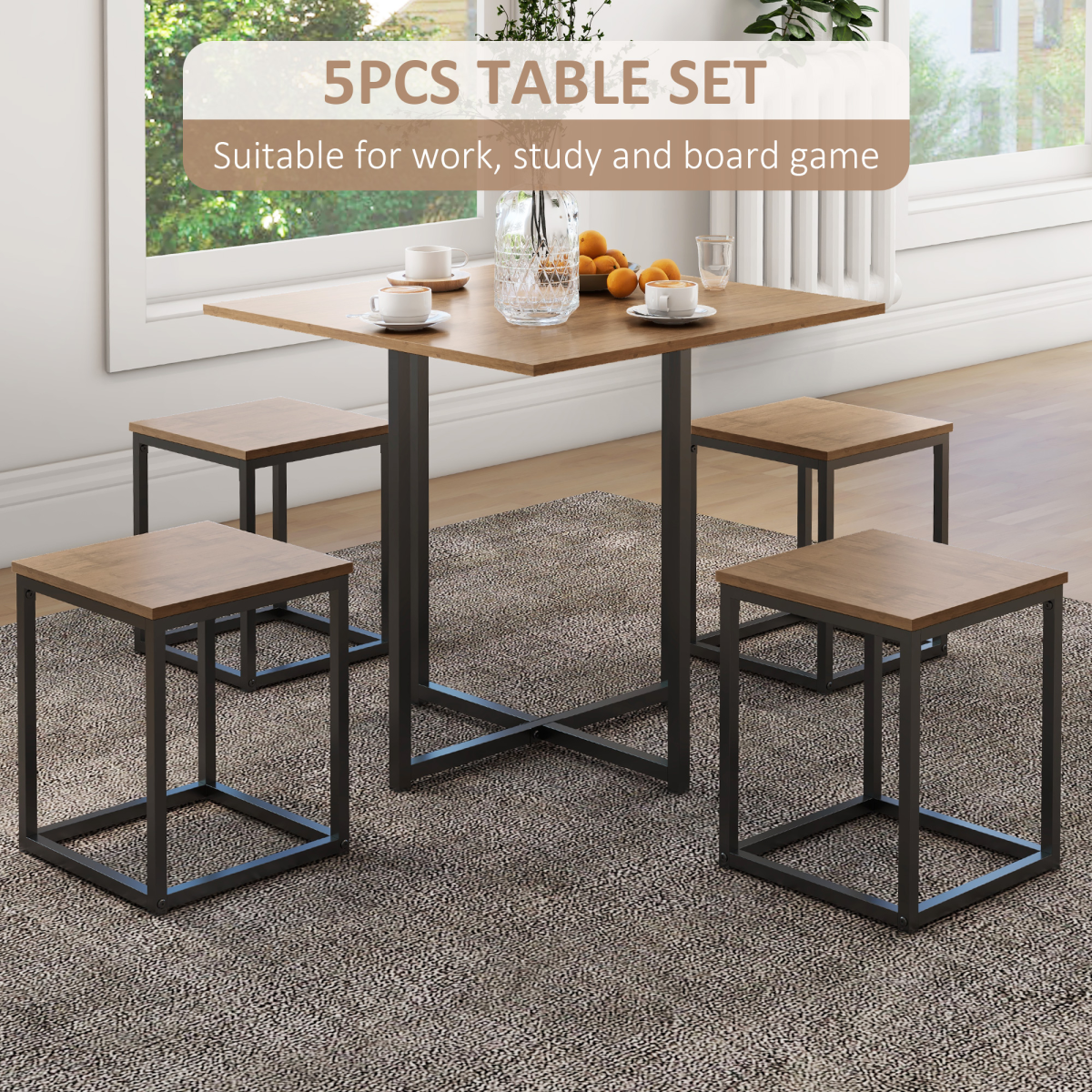 MDF Topped Steel 5-Piece Dining Set Dining Table with 4 Stools Black/Brown