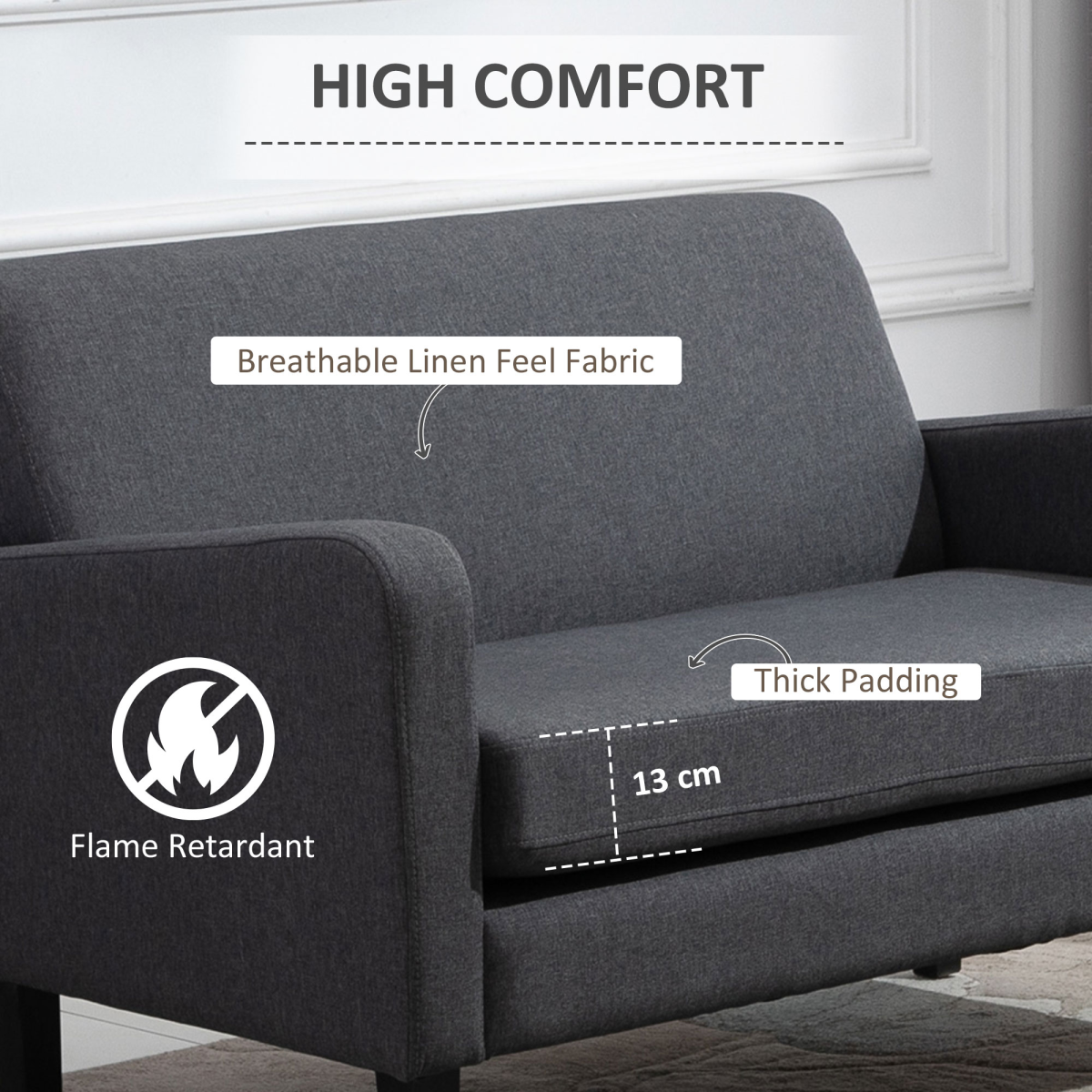 Linen Modern-Curved 2-Seat Sofa Loveseat w/ Thick Cushion Wood Legs Grey