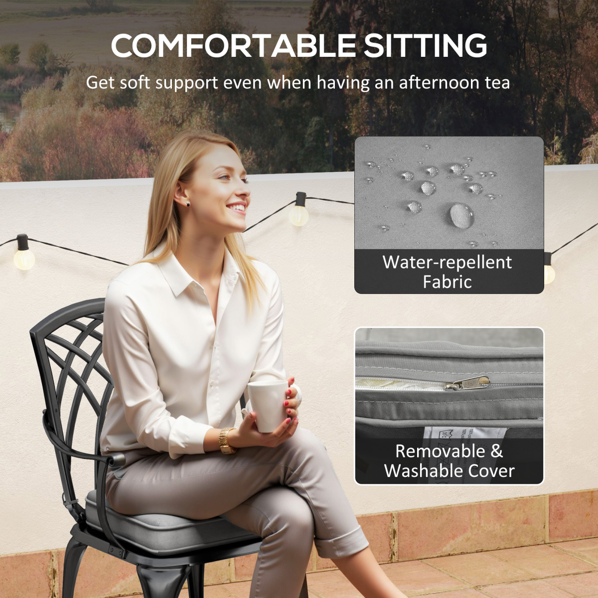 Outsunny 3 PCs Aluminium Garden Coffee Table Set w/ Parasol Hole & Cushions