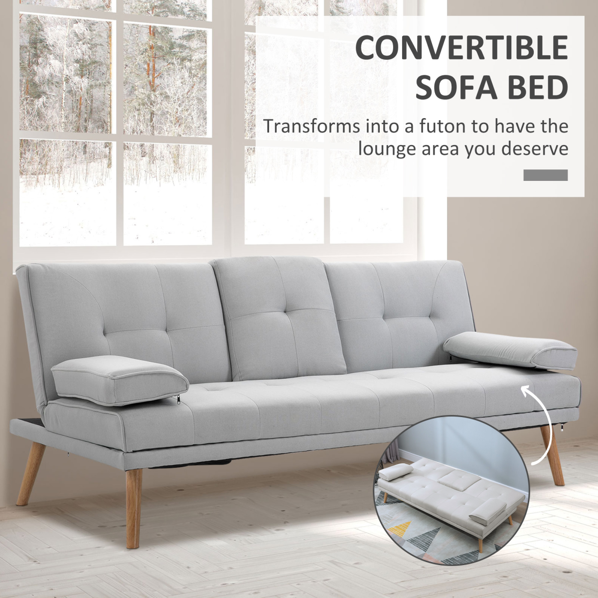 HOMCOM 3 Seater Sofa Bed Scandi Style Recliner Adjustable Back Middle Table