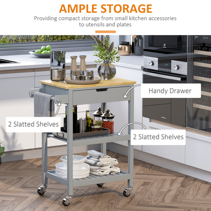 Kitchen Trolley Utility Cart on Wheels with Rubberwood Worktop Towel Rack