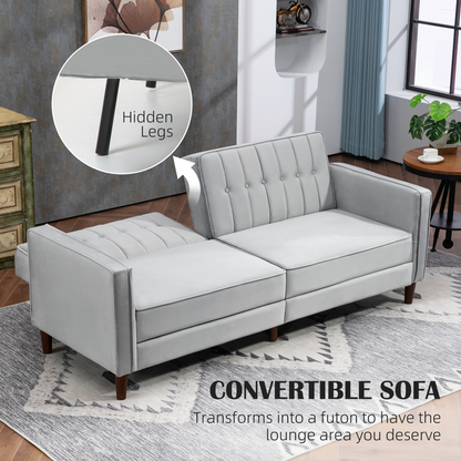 HOMCOM Convertible Sofa Futon Velvet-Touch Tufted Couch Sofa Bed Split Back Grey