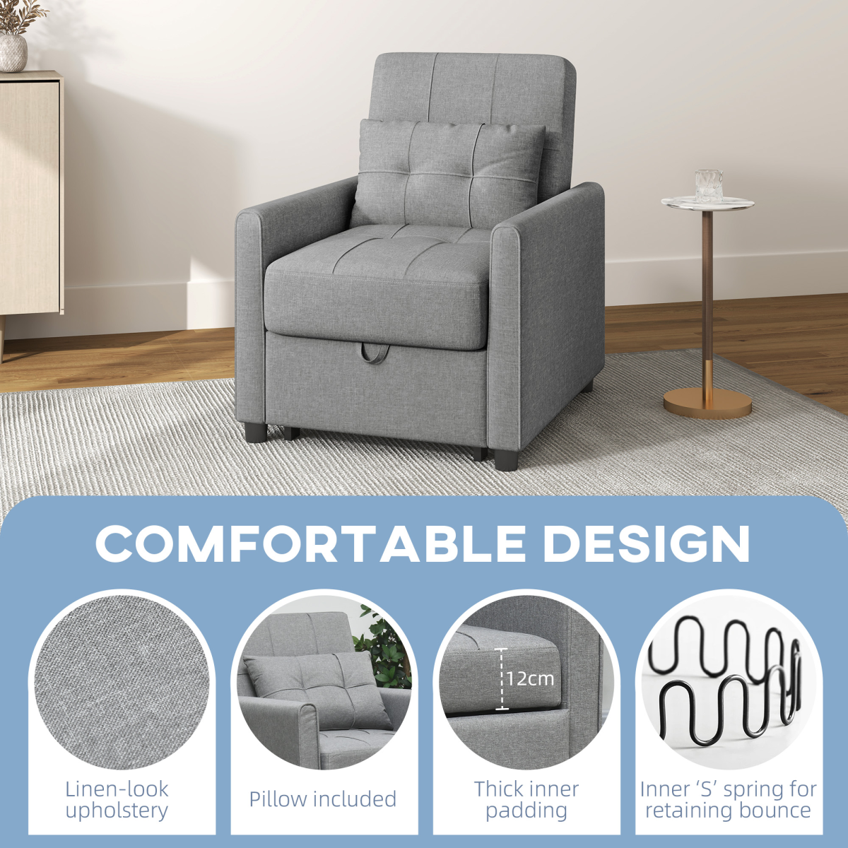 HOMCOM Pull Out Chair Bed, Sleeper Chair with Pillow, Side Pockets, Light Grey