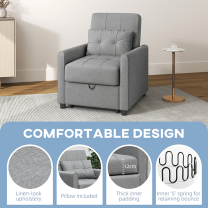HOMCOM Pull Out Chair Bed, Sleeper Chair with Pillow, Side Pockets, Light Grey