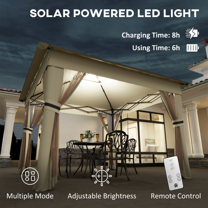 Outsunny 3x3(m) Pop Up Gazebo w/ Solar-Powered LED Lights Curtain Netting Khaki