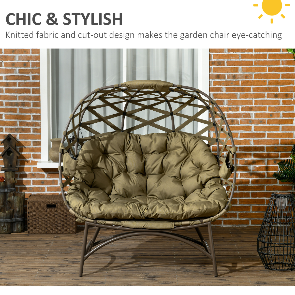 Outsunny 2 Seater Egg Chair Outdoor with Cushion, Cup Pockets - Khaki