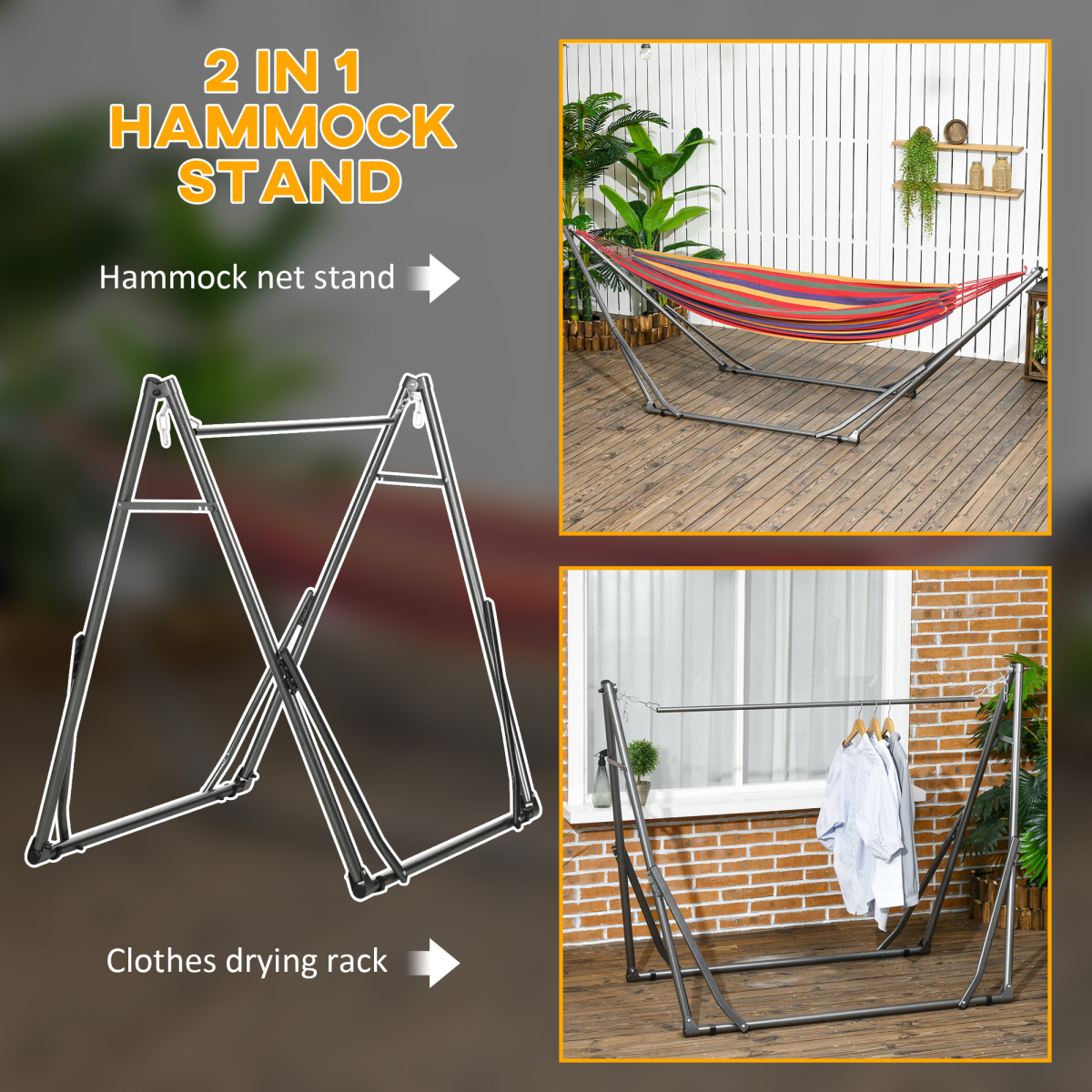 Outsunny Foldable Hammock Stand, 2 in 1 Hammock Net Stand & Clothes Drying Rack