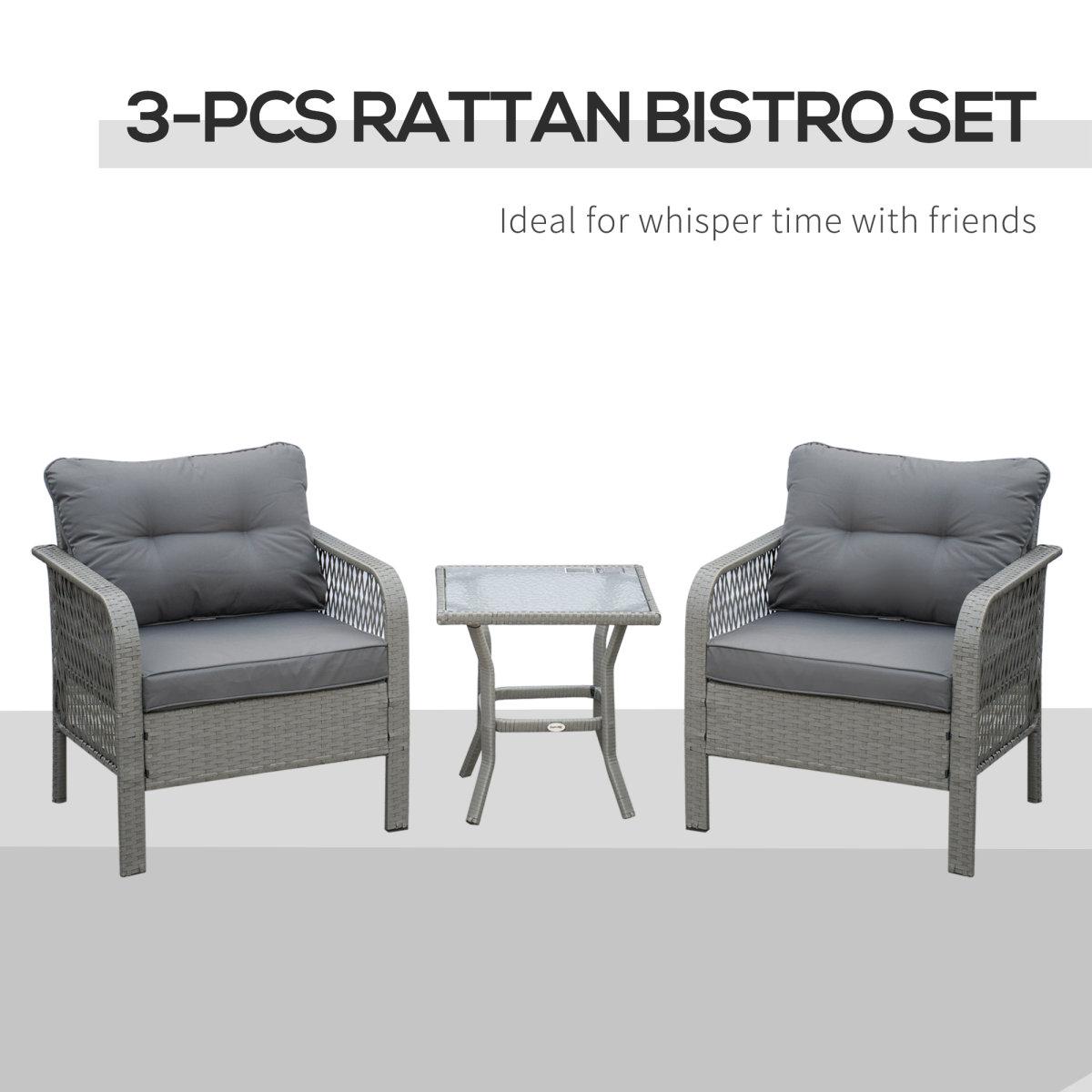 3 Pieces Patio PE Rattan Bistro Set w/ Armchairs Tempered Glass Table Outsunny