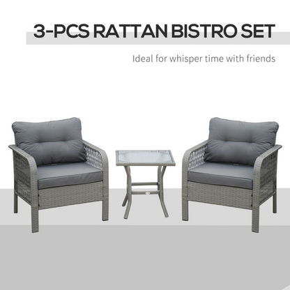 3 Pieces Patio PE Rattan Bistro Set w/ Armchairs Tempered Glass Table Outsunny