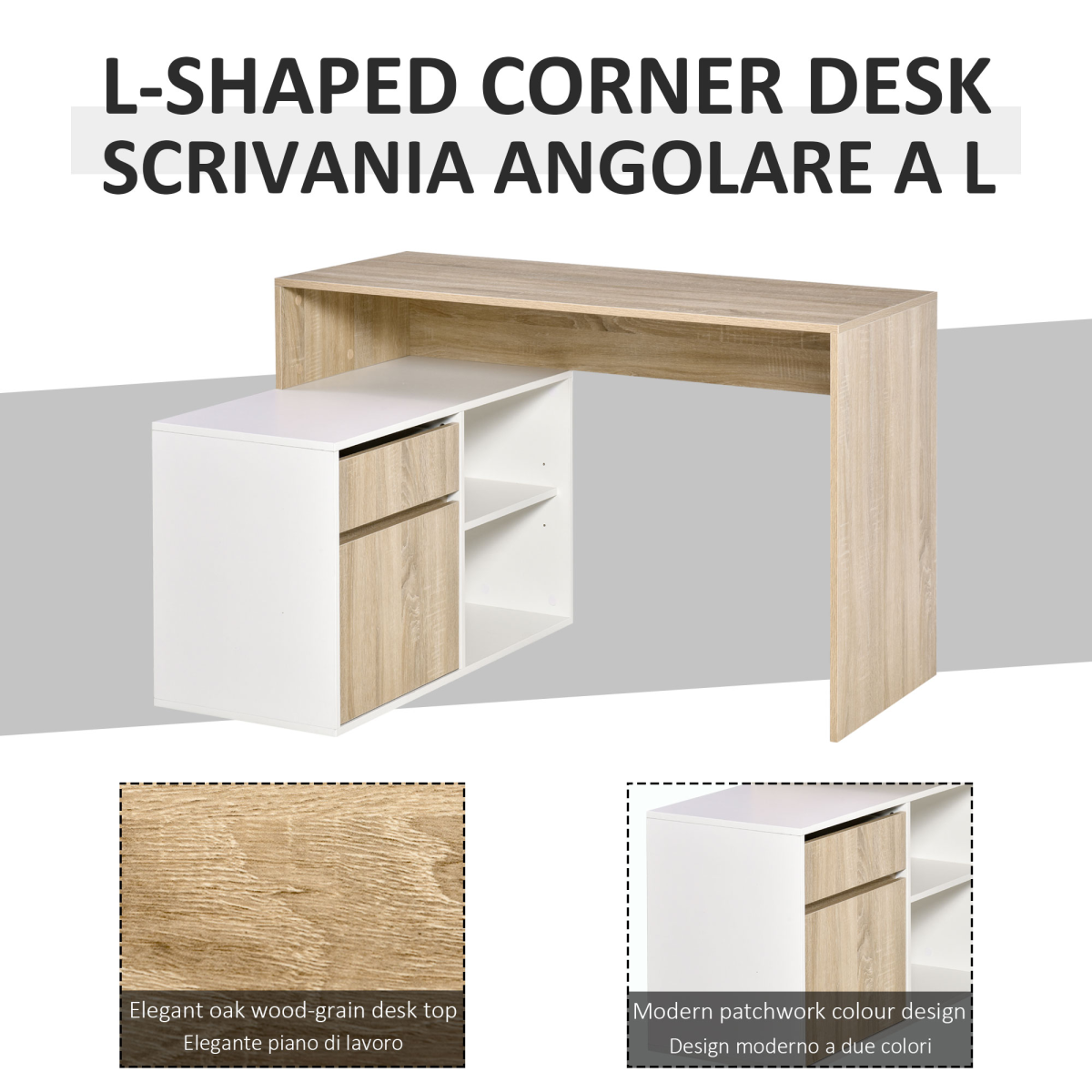 L-Shaped Corner Computer Desk  Oak and White