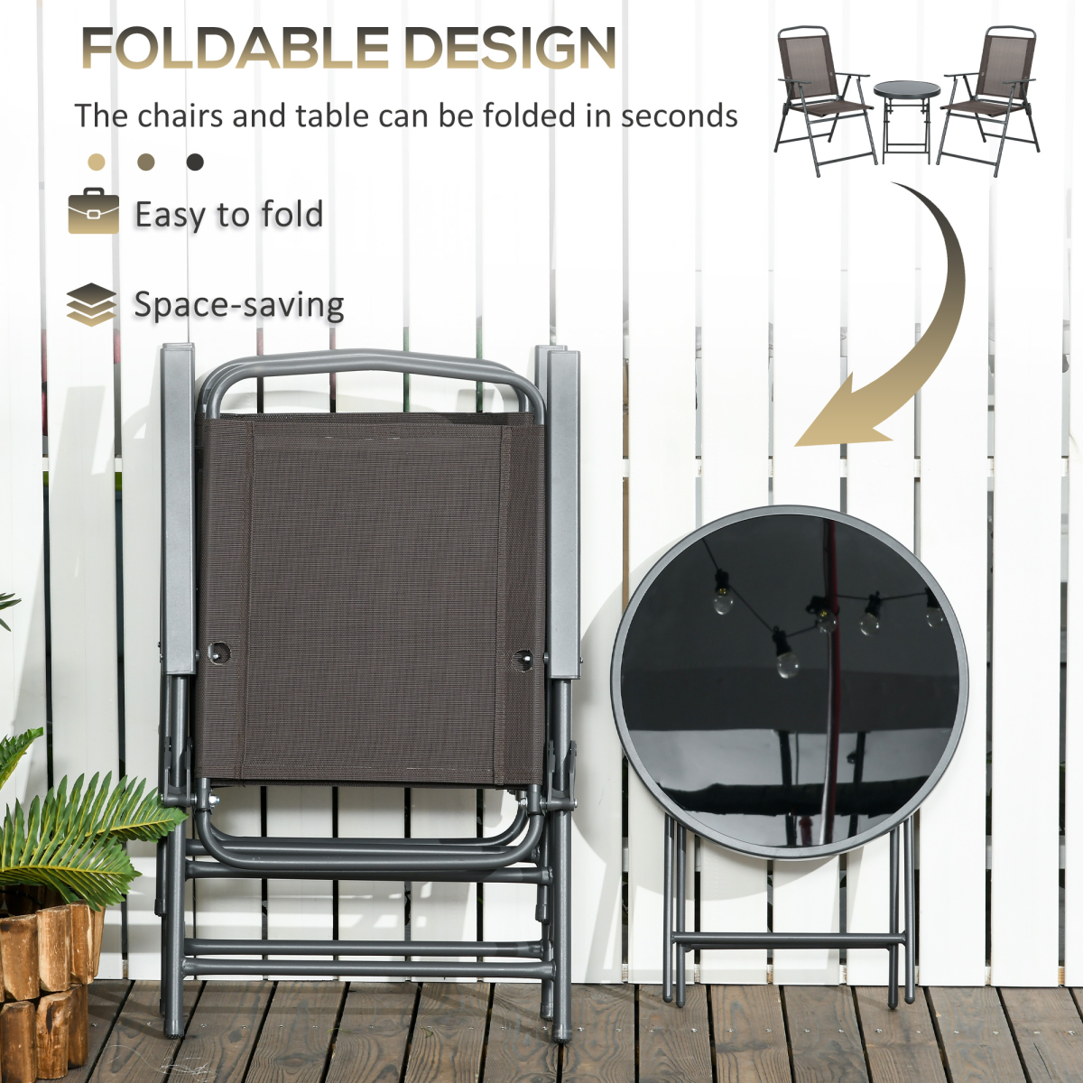 Outsunny Patio Bistro Set Folding Chairs & Coffee Table for Balcony, Dark Grey
