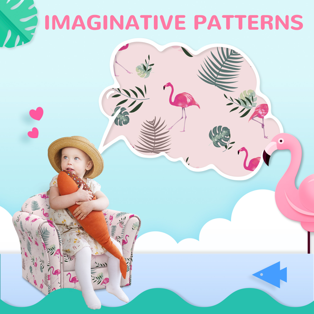 AIYAPLAY Kids Sofa Chair with Flamingo Design for Bedroom, Playroom, Pink