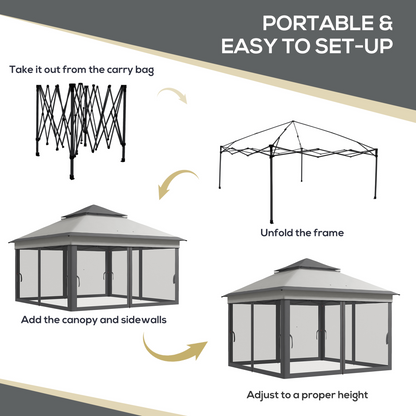 Outsunny 3 x 3(m) Pop Up Gazebo Tent with Netting, Height Adjustable, Grey
