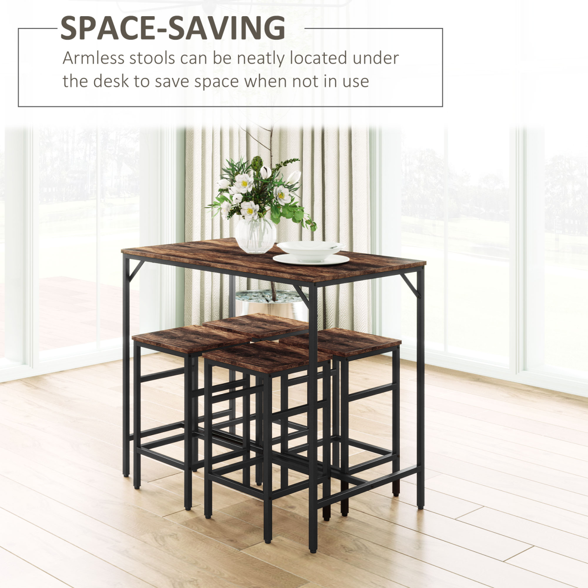 MDF Industrial 5-Piece Dining Set Dining Table with 4 Stools Black/Brown