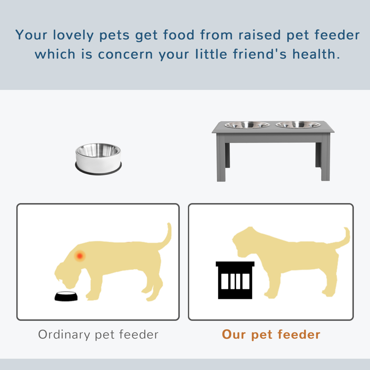 PawHut Raised Dog Bowls Pet Feeder Raised Elevated Stainless Steel Food Grey