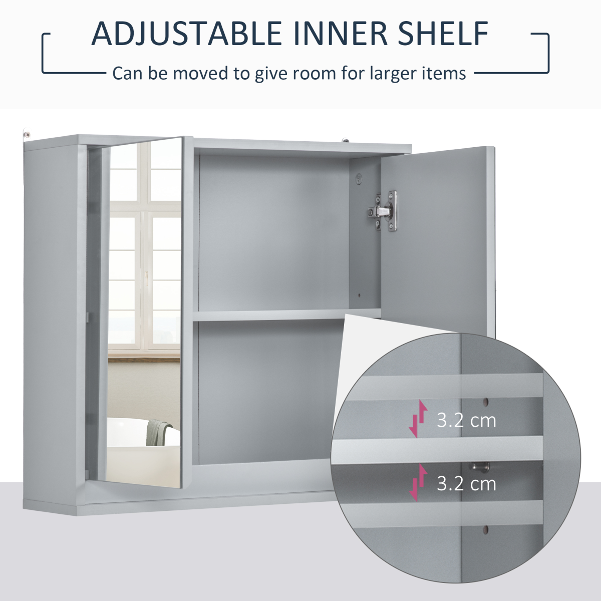 Wall Mounted Mirror Cabinet with Storage Shelf Bathroom Cupboard Grey