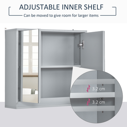 Wall Mounted Mirror Cabinet with Storage Shelf Bathroom Cupboard Grey