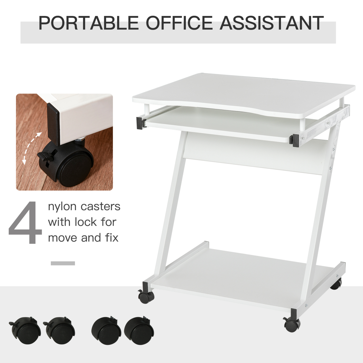 Computer Desk with 4 Moving Wheels Sliding Keyboard Tray White