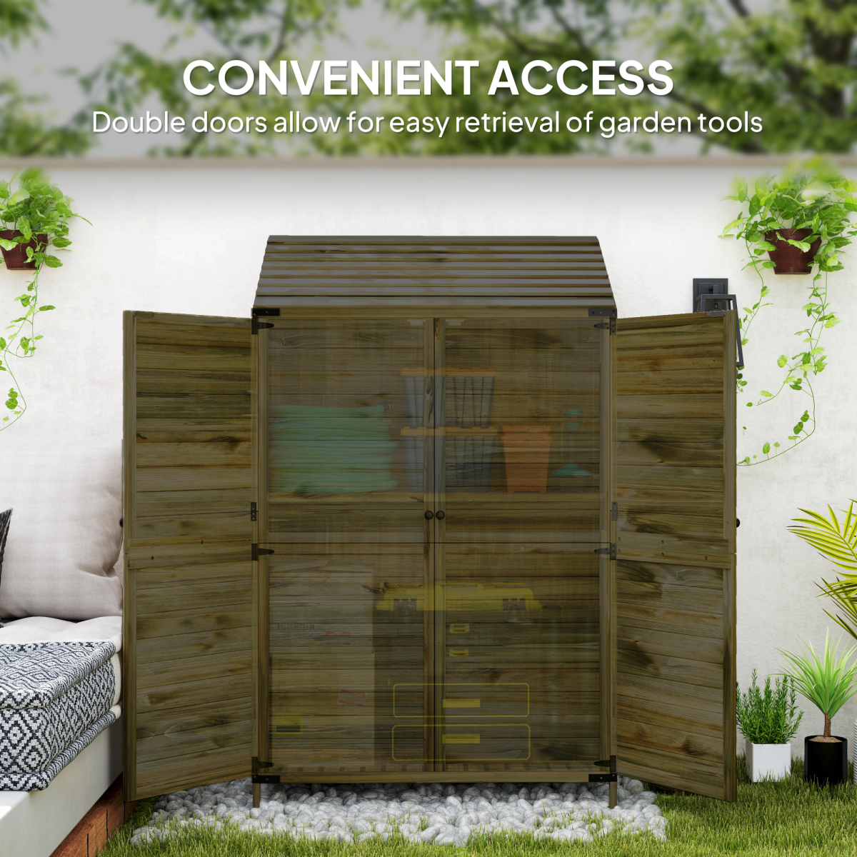Outsunny Wooden Garden Storage Shed w/Double Doors and Shelves, Green